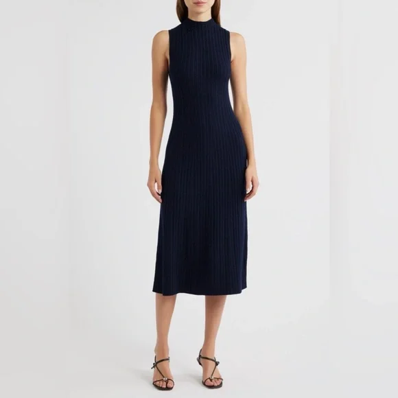 Theory Black Cable Knit Wool Blend Sleeveless Midi Dress - Picture 1 of 7